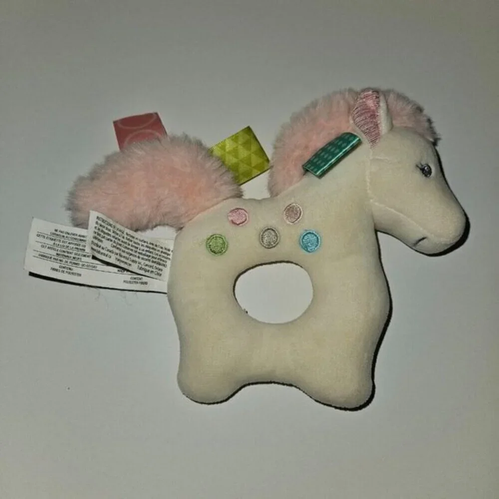 Taggies Mary Meyer Painted Pony Rattle Plush Baby Toy White Horse Ring Loop Pink